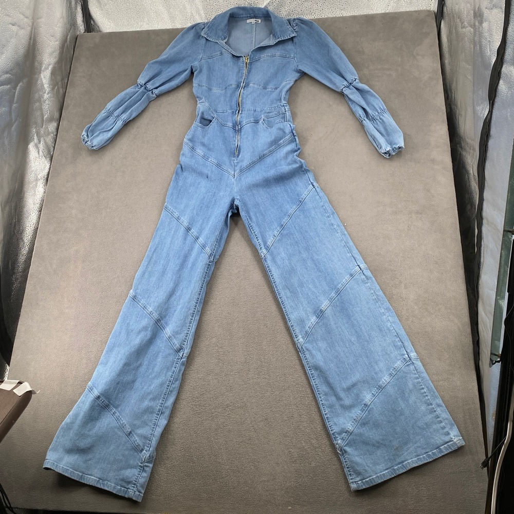 Fashion Nova Blue Denim Long Sleeve Zip Front Wide Leg Jumpsuit Light Wash H226